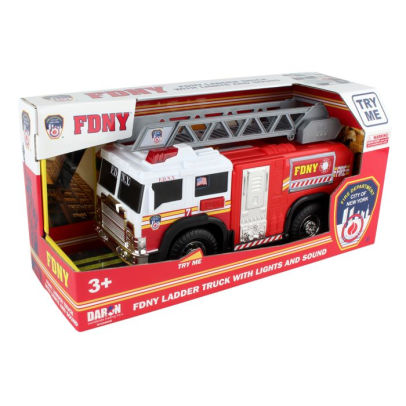 A toy model of the FDNY motorized ladder truck with lights, sounds, and a moveable ladder, displayed in its packaging.