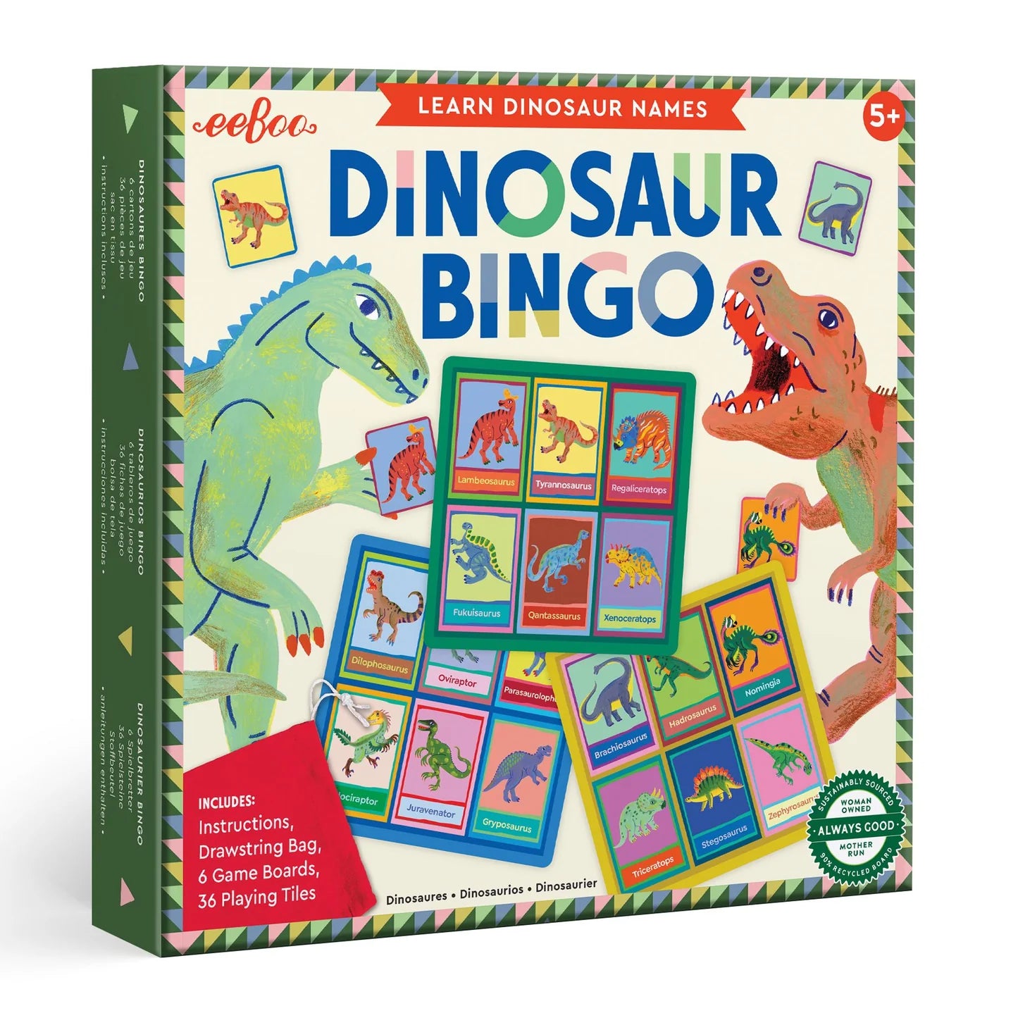 Dinosaur Bingo game box with colorful dinosaurs and text on a white background