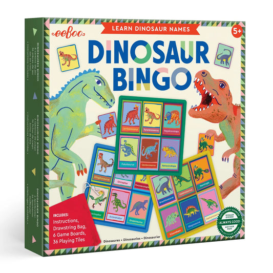 Dinosaur Bingo game box with colorful dinosaurs and text on a white background
