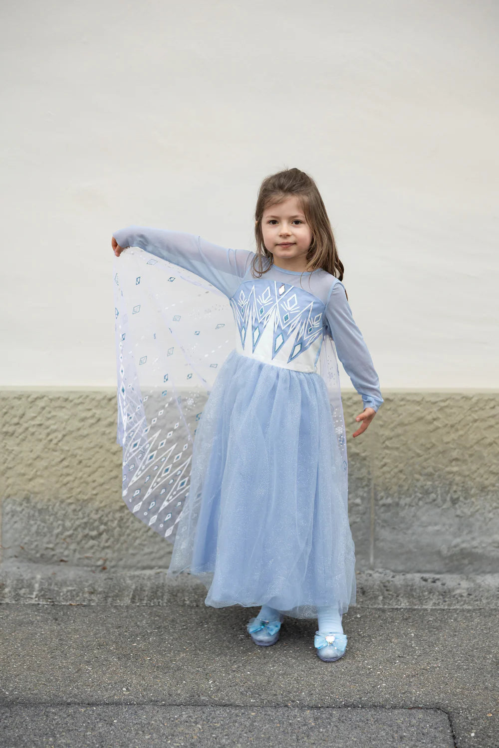 Young girl in else dress on plain background.