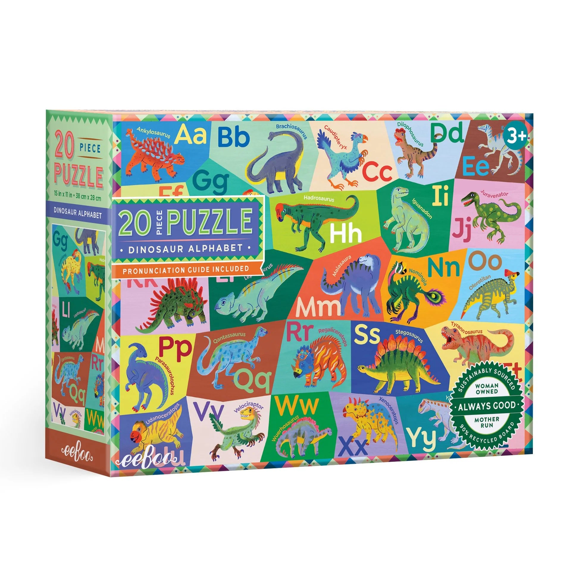 Children's dinosaur alphabet puzzle packaging with colorful illustrations of dinosaurs and letters.
