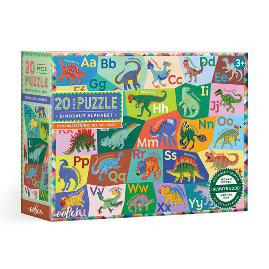Children's dinosaur alphabet puzzle packaging with colorful illustrations of dinosaurs and letters.