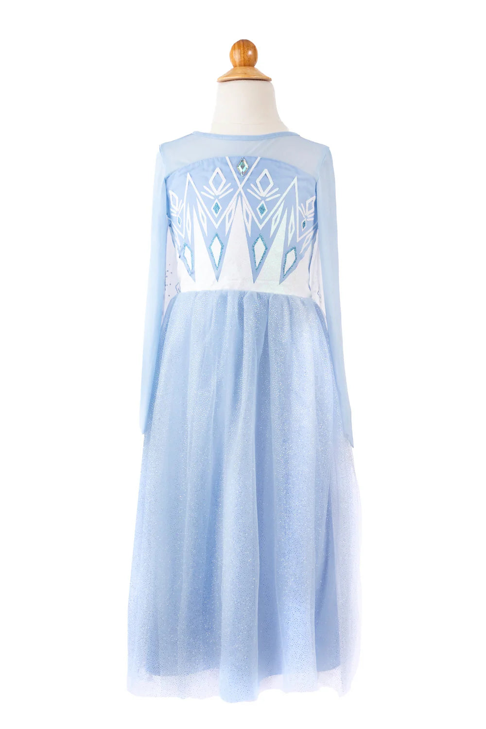 Elsa Inspired girls dress featuring blue long shimmery skirt and an icy/snowflake designed top with a gem in the center.