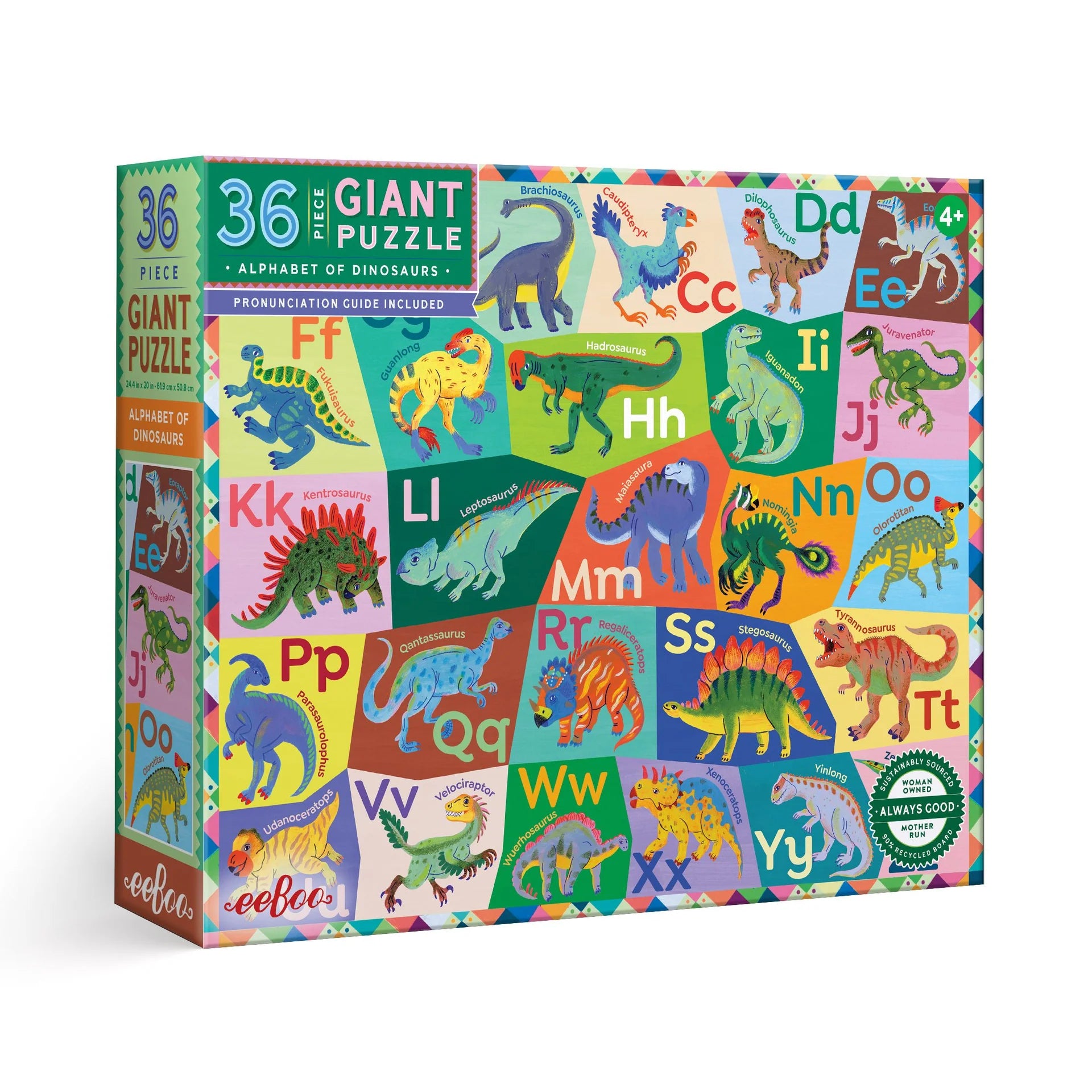 Giant puzzle box with dinosaur illustrations and alphabet letters on a colorful background