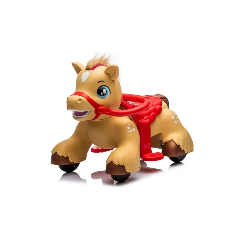 Toy ride on pony/horse with a red bridle on a white background