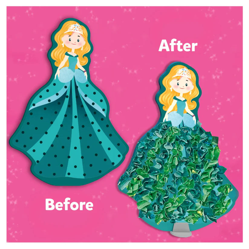 Before and after comparison of a princess figure with a green dress on a pink background