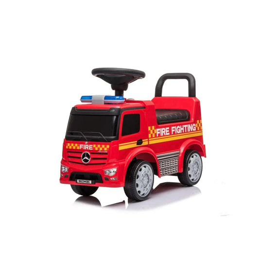 Red toy fire truck with Mercedes-Benz logo on a white background