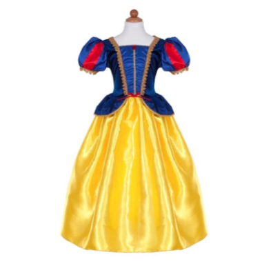 A deluxe Snow White inspired gown with a yellow skirt, blue bodice, and red accents displayed on a mannequin.