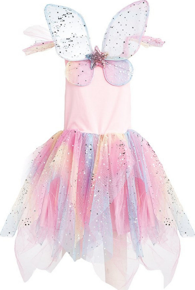 Back of costume includes sparkly fairy wings with a star in the center. The skirt of the costume is ruffly and shimmers.