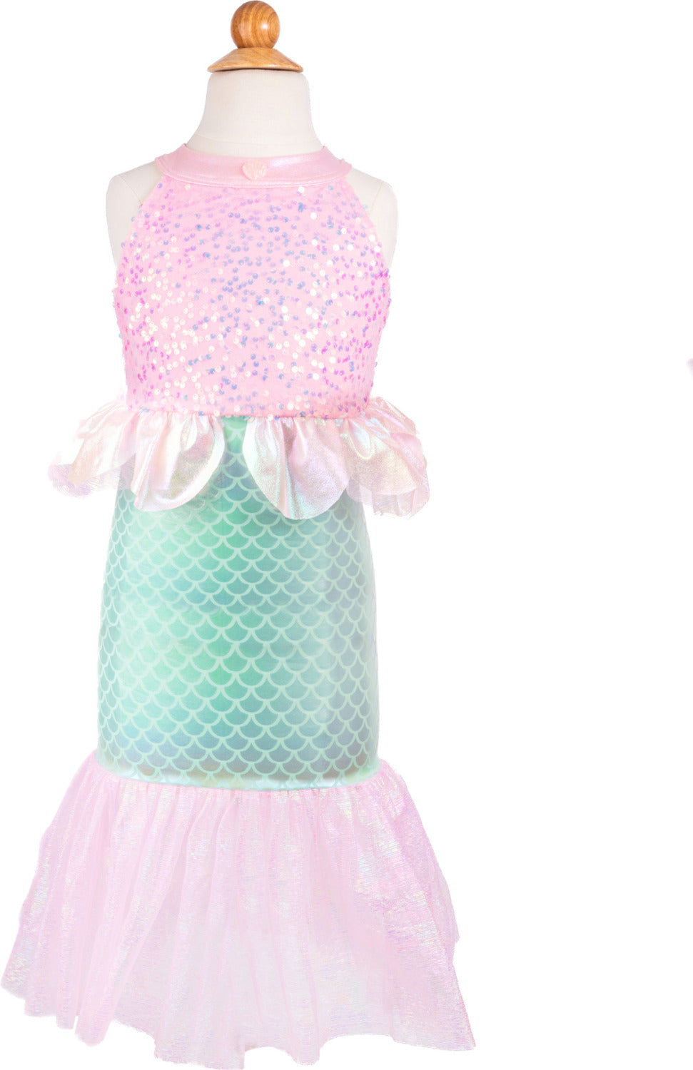 Mermaid-themed dress with pink top and green tail on a mannequin against a white background. It has sequin on the top and scales on the bottom, with a pink ruffled "fin"