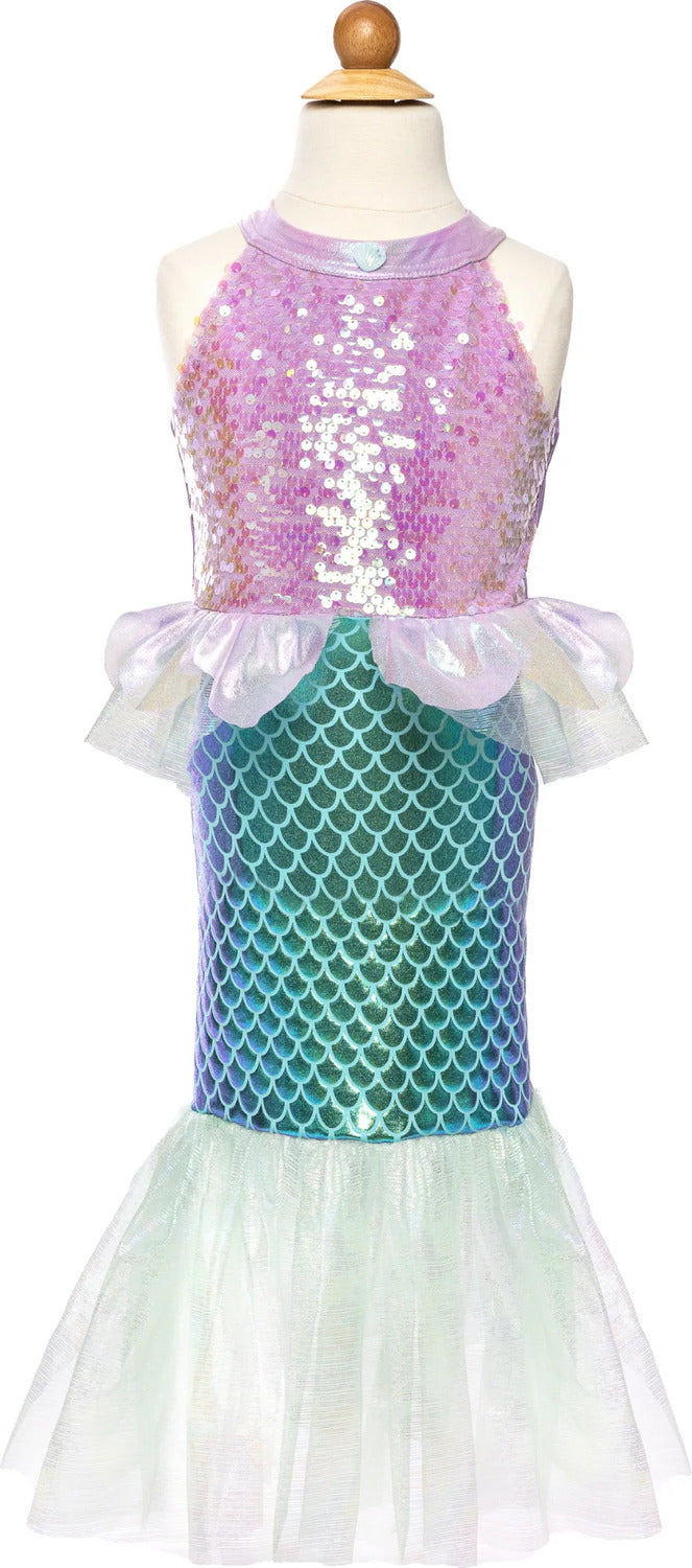 Childs mermaid dress with shimmery top and scales on the "tail." It has similar colors to Ariel, with a purple/pink top and teal bottom.