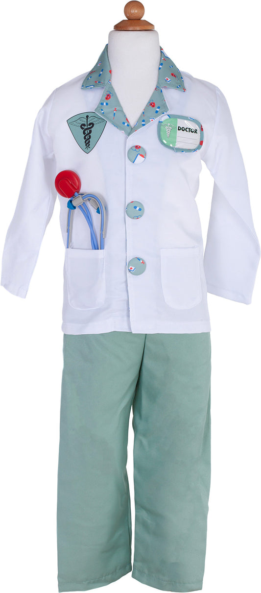 Green/teal doctors costume with accessories on white background.