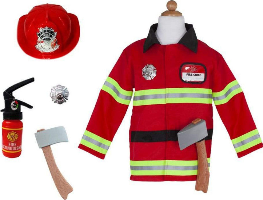 red and yellow Fireman costume and accessories including axe, hat, extinguisher, and badge.