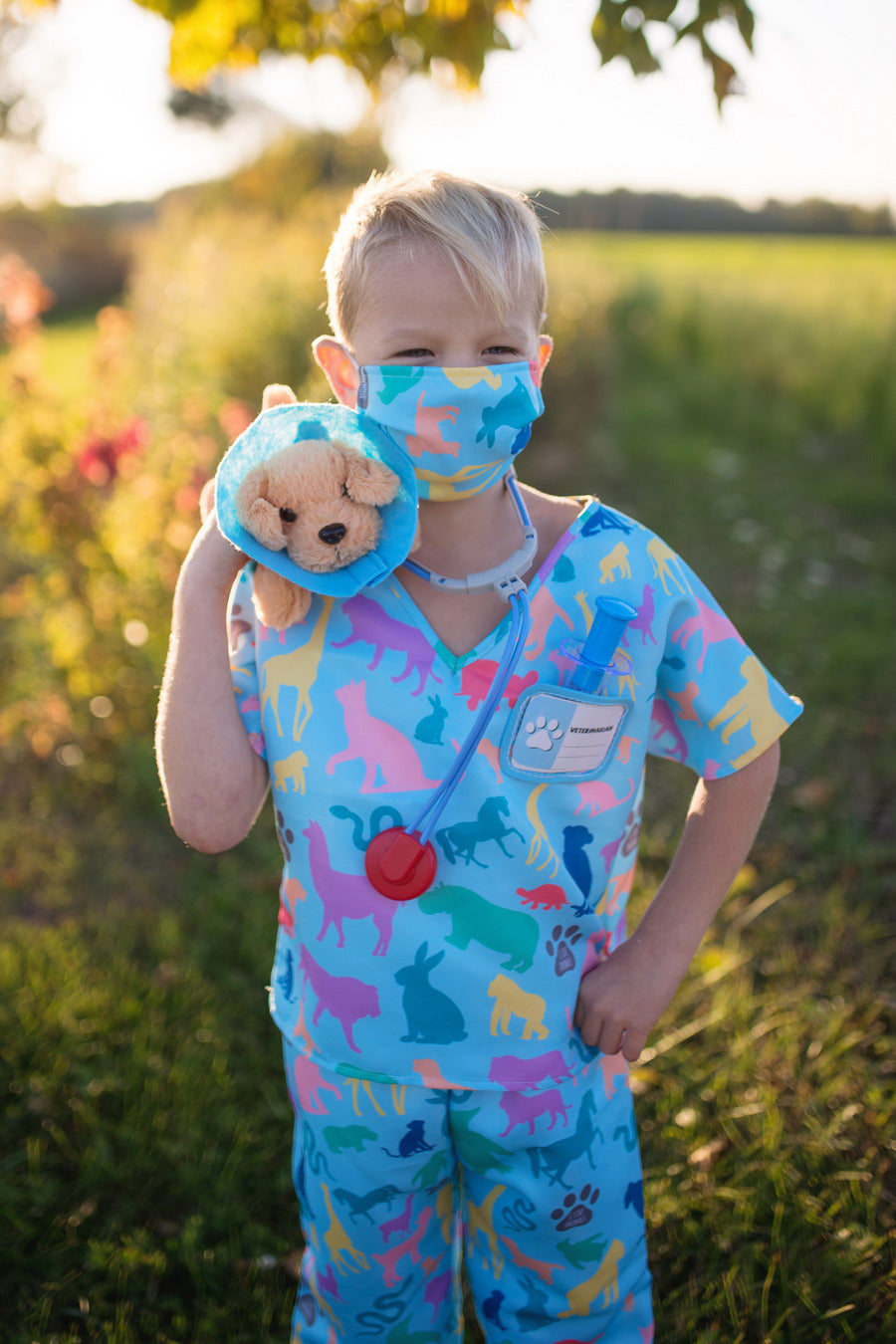 child in blue vet outfit with animal prints on the fabric, wearing a doctor mask and holding a plush dog.
