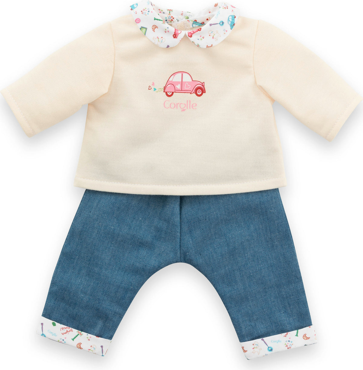 14" Long Sleeve T-Shirt & Jeans - Weekend in Paris
cream shirt with pink car and colorful color paired with denim color pants