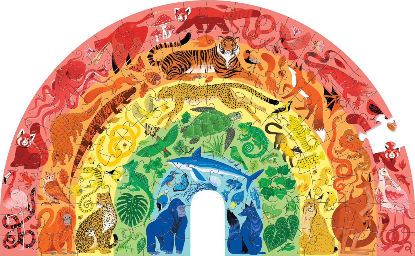 Colorful arch-shaped puzzle with various animals on a white background 100 pc puzzle