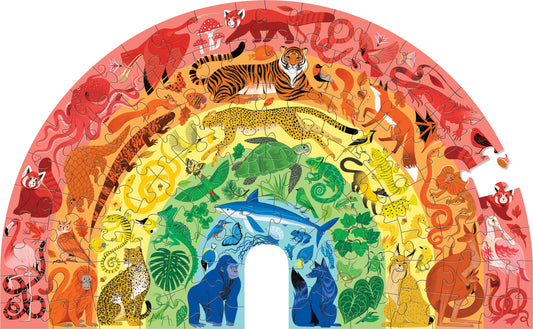 Colorful arch-shaped puzzle with various animals on a white background 100 pc puzzle