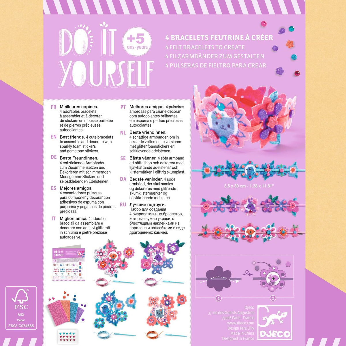 Bracelet-making kit packaging with colorful bracelets and branding on a pink background