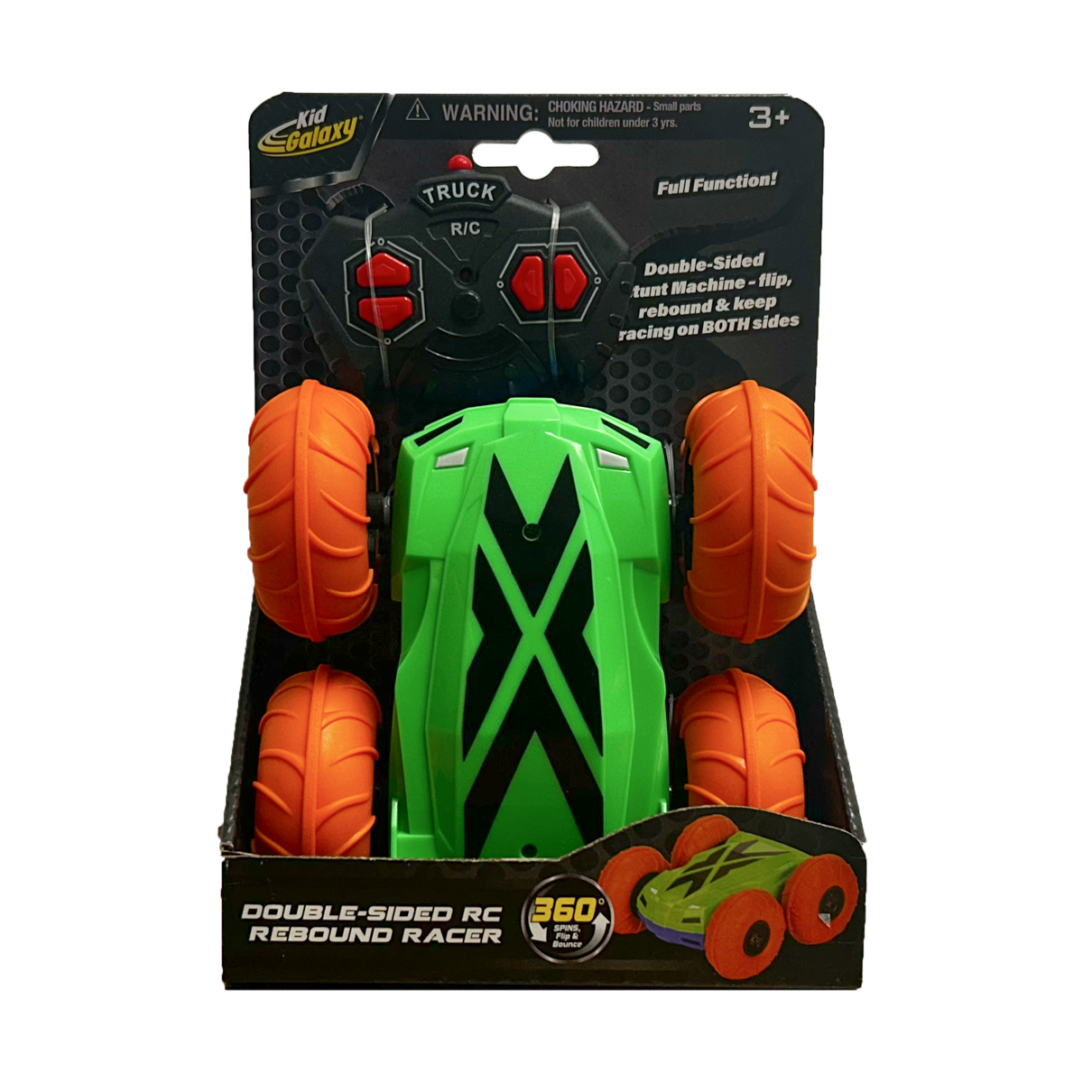 A boxed Kidz Toys double-sided remote control rebound racer truck. The toy truck is bright green with black graphic stripes and four oversized orange wheels, presented in its original retail packaging with a black remote control and controller card.