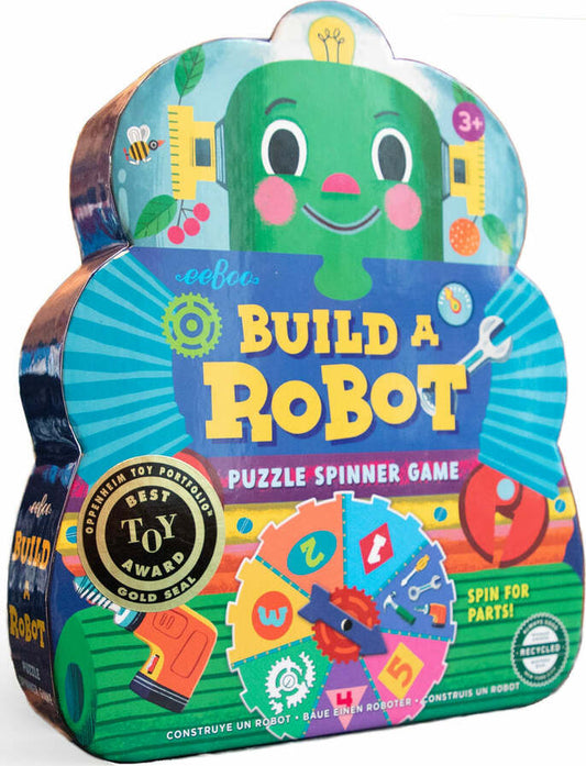 A colorful board spinner game package for 'Build a Robot' puzzle spinner game, indicating it's suitable for ages 3 and up, with a cartoon robot character featured prominently.