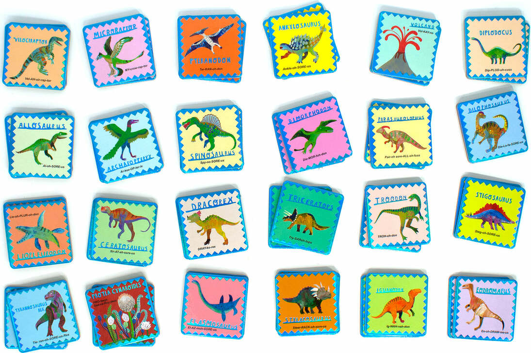 dinosaur memory game cards with blue boarders
