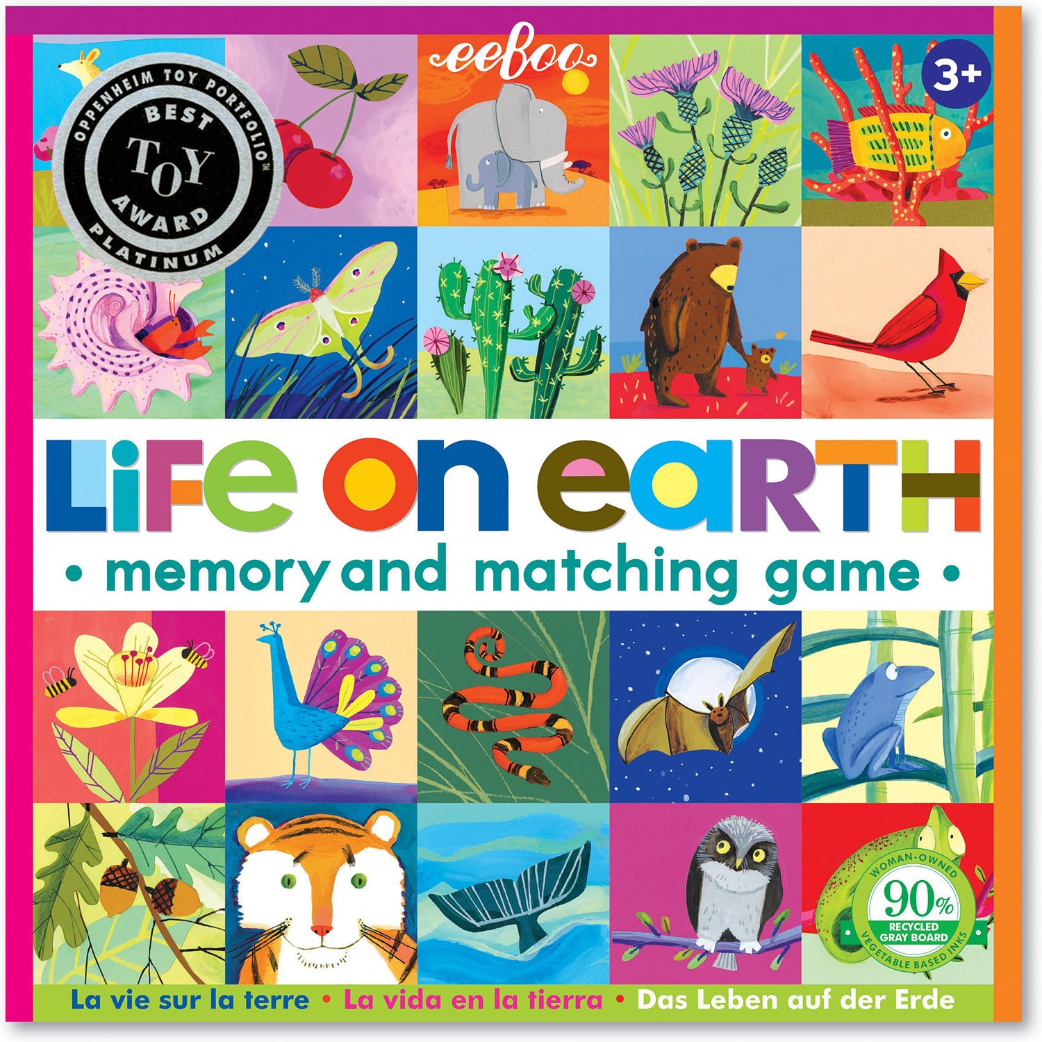 Cover of the 'Life on Earth' memory and matching game featuring illustrated animals and plants from diverse ecosystems.