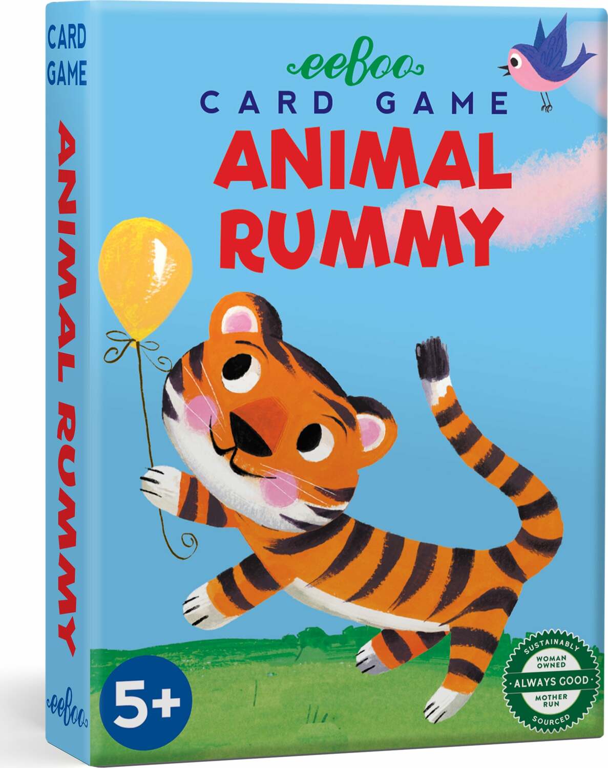 A cover image of the 'Animal Rummy' card game box featuring a playful illustration of a tiger holding a balloon, with the text '5+' indicating the age suitability.