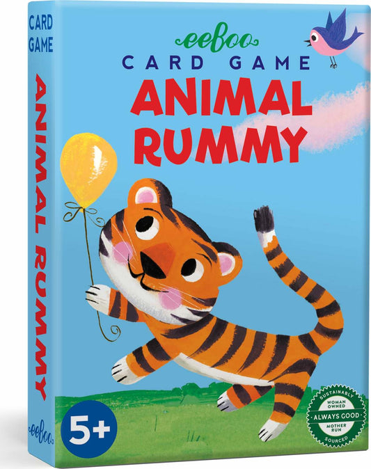 A cover image of the 'Animal Rummy' card game box featuring a playful illustration of a tiger holding a balloon, with the text '5+' indicating the age suitability.