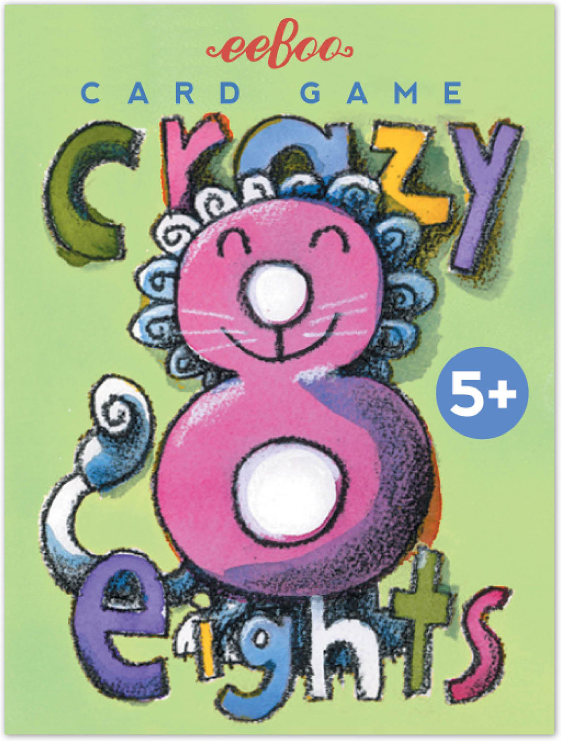 Cover of the card game 'Crazy Eights' featuring illustrated numbers and a playful character.