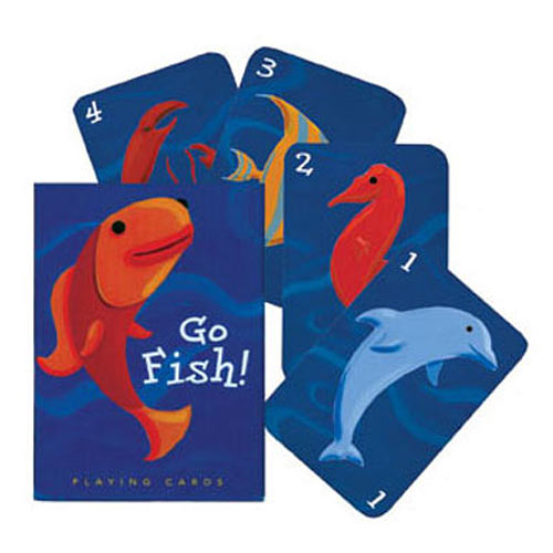A set of colorful playing cards with illustrations of underwater creatures such as a red fish, blue dolphin, and yellow angelfish with the text 'Go Fish! Playing Cards' on the cover.