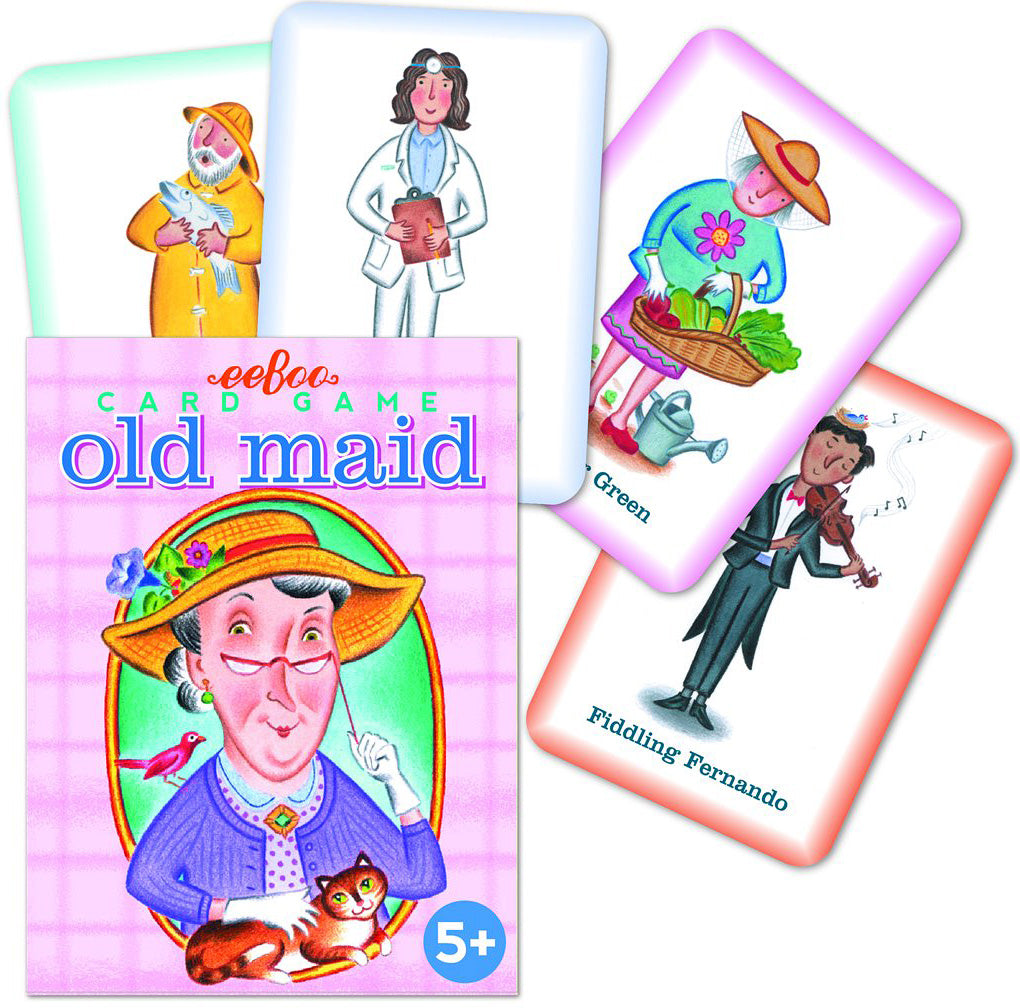 old maid card game in pink box. images features for different cards with illustrated characters on them.