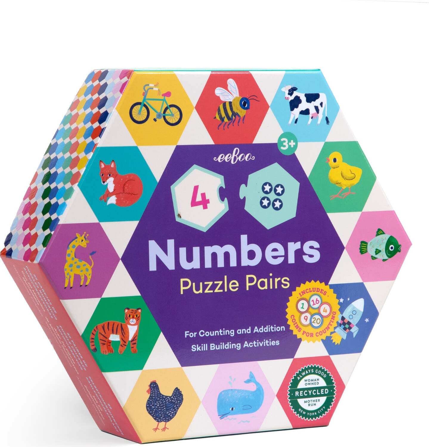 Boxed hexagon-shaped number puzzle pairs game with colorful illustrations of animals and objects, and the text 'Numbers' displayed prominently on the packaging.