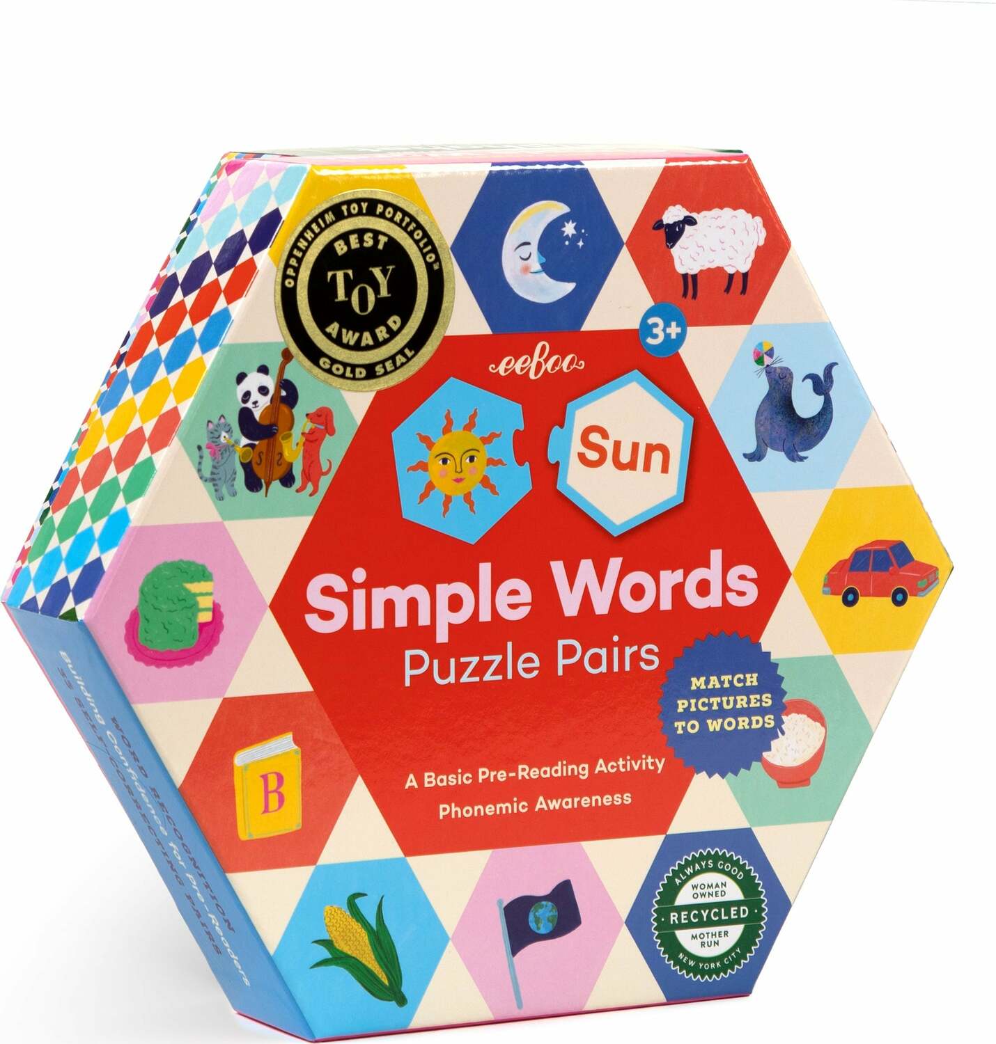 A box of Simple Words Hexagon puzzle pairs featuring colorful illustrations of objects and animals on hexagon-shaped puzzle pieces, with the product label indicating it is for ages 3+ and includes 33 hexagon shaped puzzle pairs.