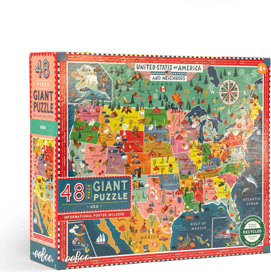 A packaged giant puzzle depicting a colorful map of the USA with 48 pieces, displayed in its box.