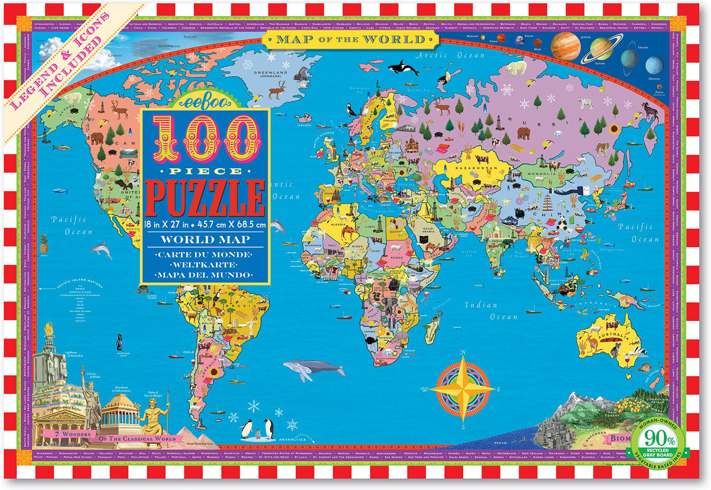 100 Piece puzzle of the world map with images of animals/buildings in each part of the world.