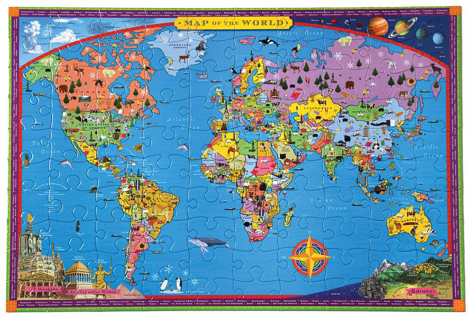 A colorful world map puzzle consisting of multiple pieces, each representing different countries and landmarks.
