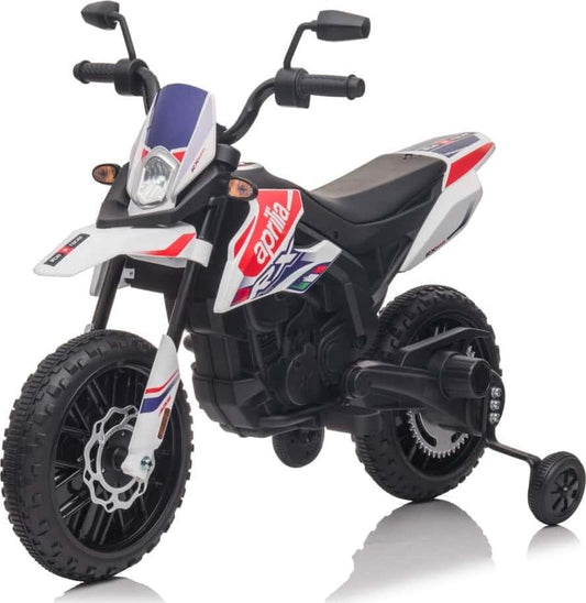 A 12V white Aprilia motorcycle 1 seater ride-on toy with LED lights and MP3 functionality.