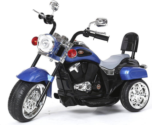Blue and black toy motorcycle on a white background