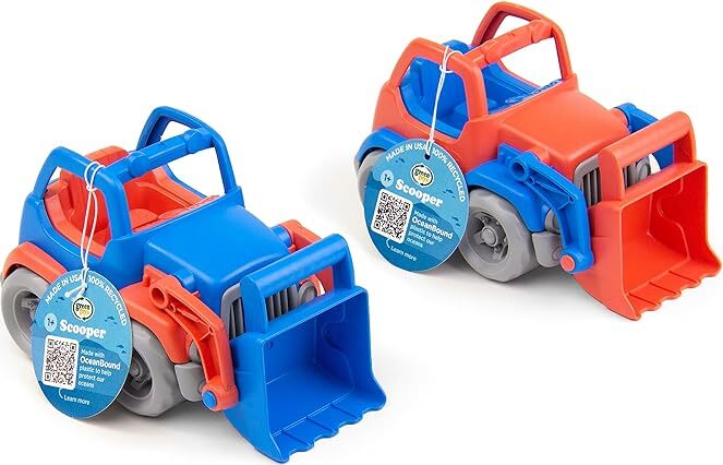 Two toy bulldozers, one blue and one red, with tags attached on a white background.