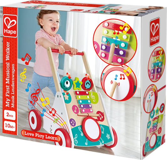A child playing with a colorful musical walker with push and pull handles, featuring a keypad and musical notes.
