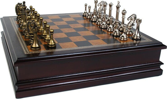 Metal Chessmen With Deluxe Wood Chess Board and Storage