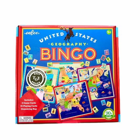 United States geography bingo box with a "best toy award" stamp