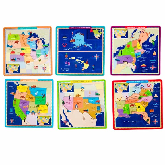 A collection of six colorful bingo cards with illustrations representing different regions of the U.S.