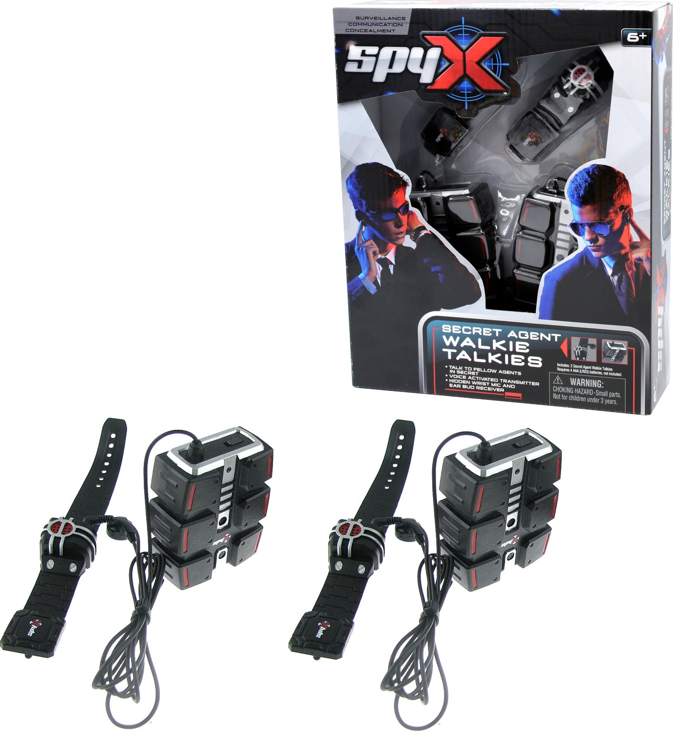 SpyX Secret Agent Walkie Talkies with packaging on a white background