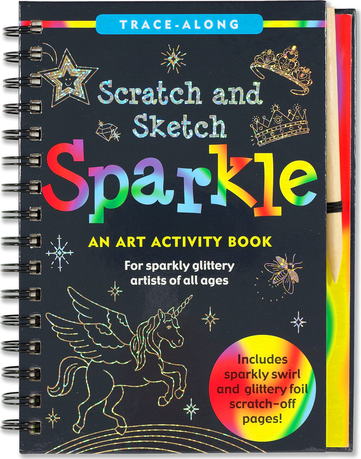 Scratch and Sketch Sparkle art activity book with colorful text and illustrations on a black background.