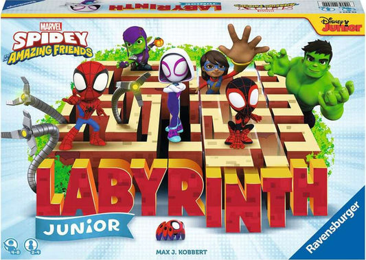 board game cover featuring animated characters from Spider-Man series, with a wooden labyrinth maze and game components displayed.
