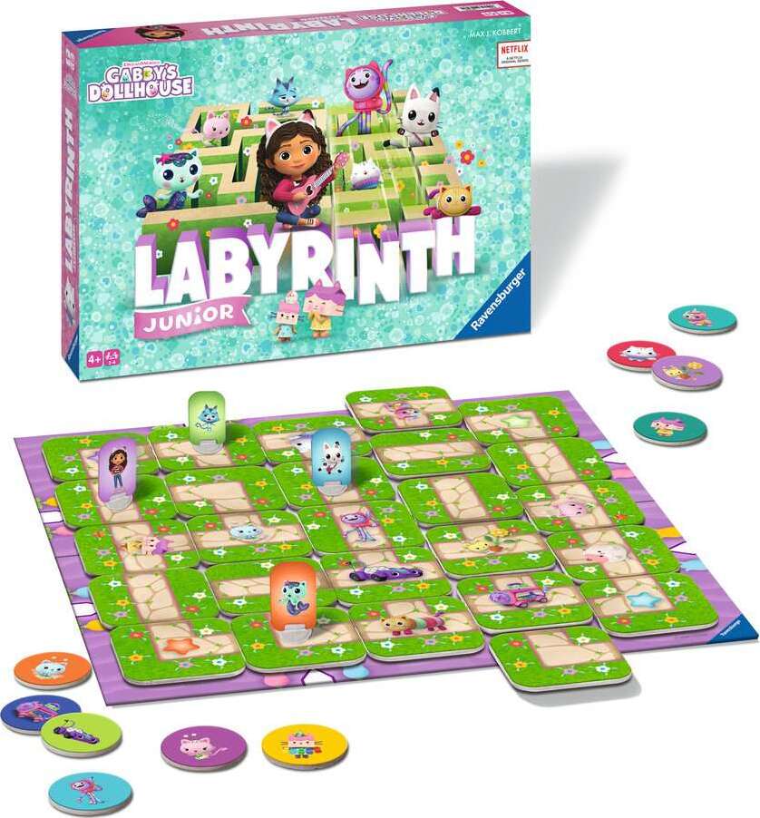 Game board and box on a white background, featuring colorful game pieces and a green and purple maze game board.