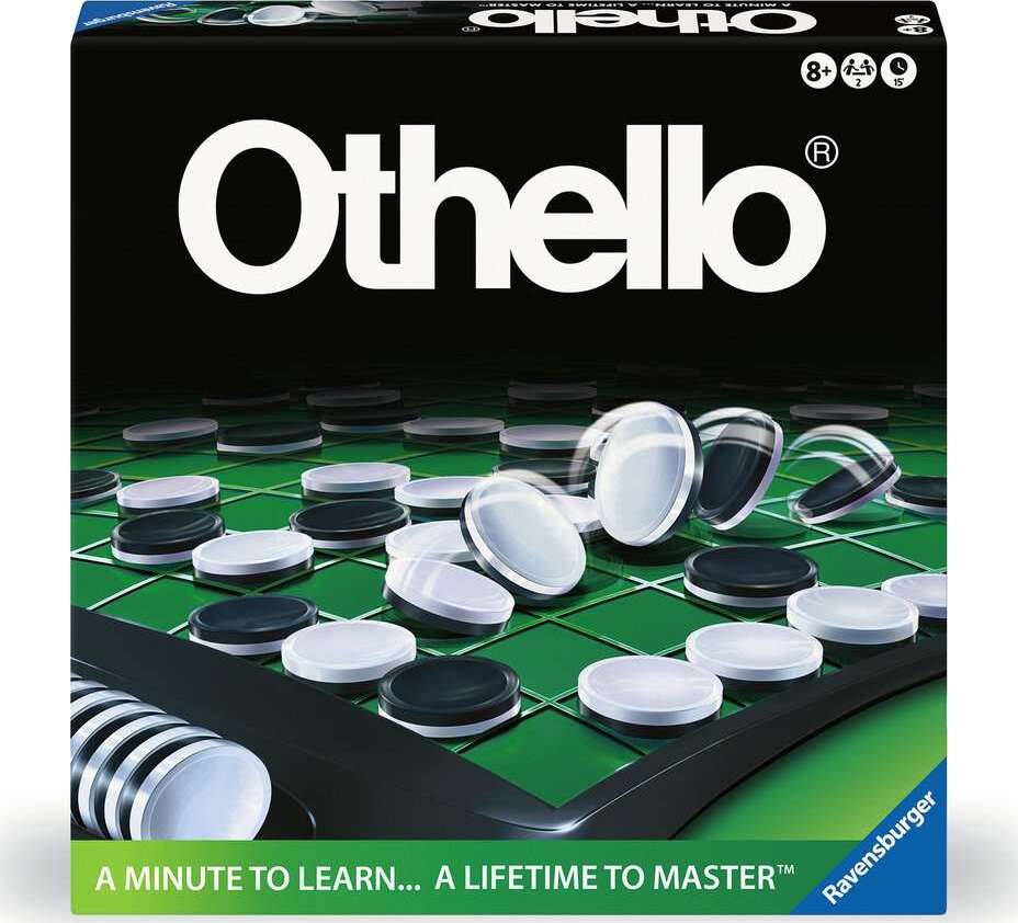 Box cover for the board game Othello featuring the game's pieces on a green board with the Ravensburger logo.