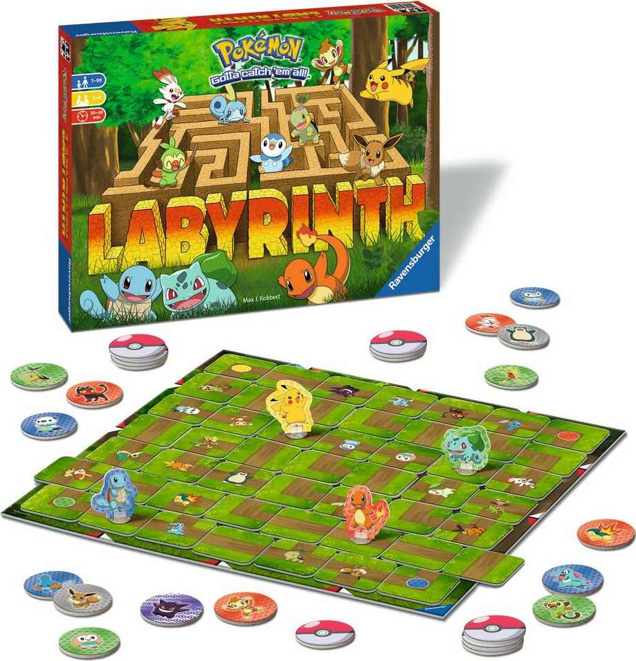 A board game set featuring characters from the Pokemon series, including a labyrinth board and game pieces representing different Pokemon.