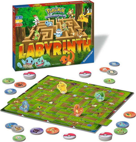 A board game set featuring characters from the Pokemon series, including a labyrinth board and game pieces representing different Pokemon.